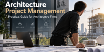 Architect working on blueprints for architecture project management