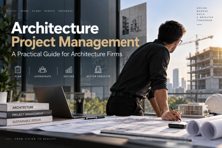 Architect working on blueprints for architecture project management