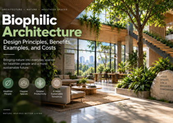 Biophilic architecture interior with natural light, greenery, and timber