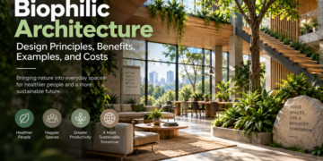 Biophilic architecture interior with natural light, greenery, and timber