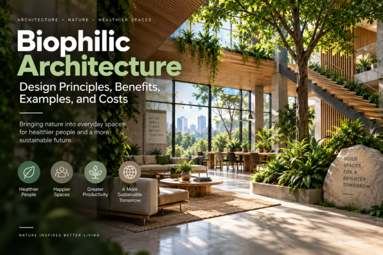 Biophilic architecture interior with natural light, greenery, and timber