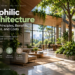 Biophilic architecture interior with natural light, greenery, and timber