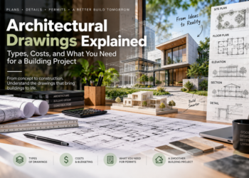 Architectural drawings with floor plans, elevations, sections, and building design plans