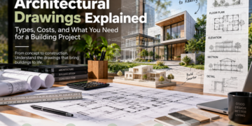 Architectural drawings with floor plans, elevations, sections, and building design plans