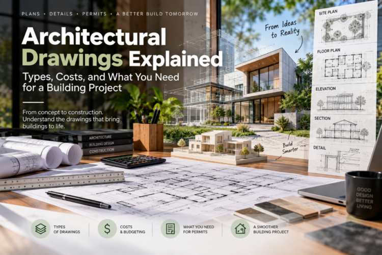 Architectural drawings with floor plans, elevations, sections, and building design plans