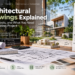 Architectural drawings with floor plans, elevations, sections, and building design plans