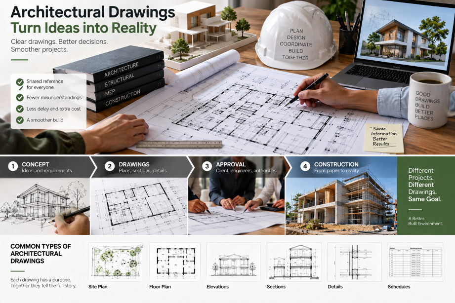 Architectural drawings showing plans, elevations, sections, details, and the building design process