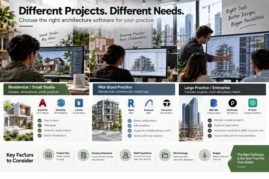 Architecture software comparison for small studios, mid-sized practices, and large architecture firms