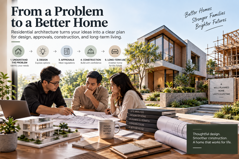 Residential architecture process showing home design, planning, approvals, construction, and architect consultation