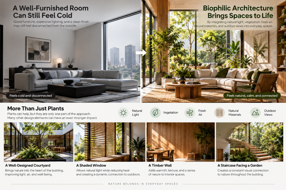 Biophilic architecture design with natural light, plants, wood, courtyard, and garden views